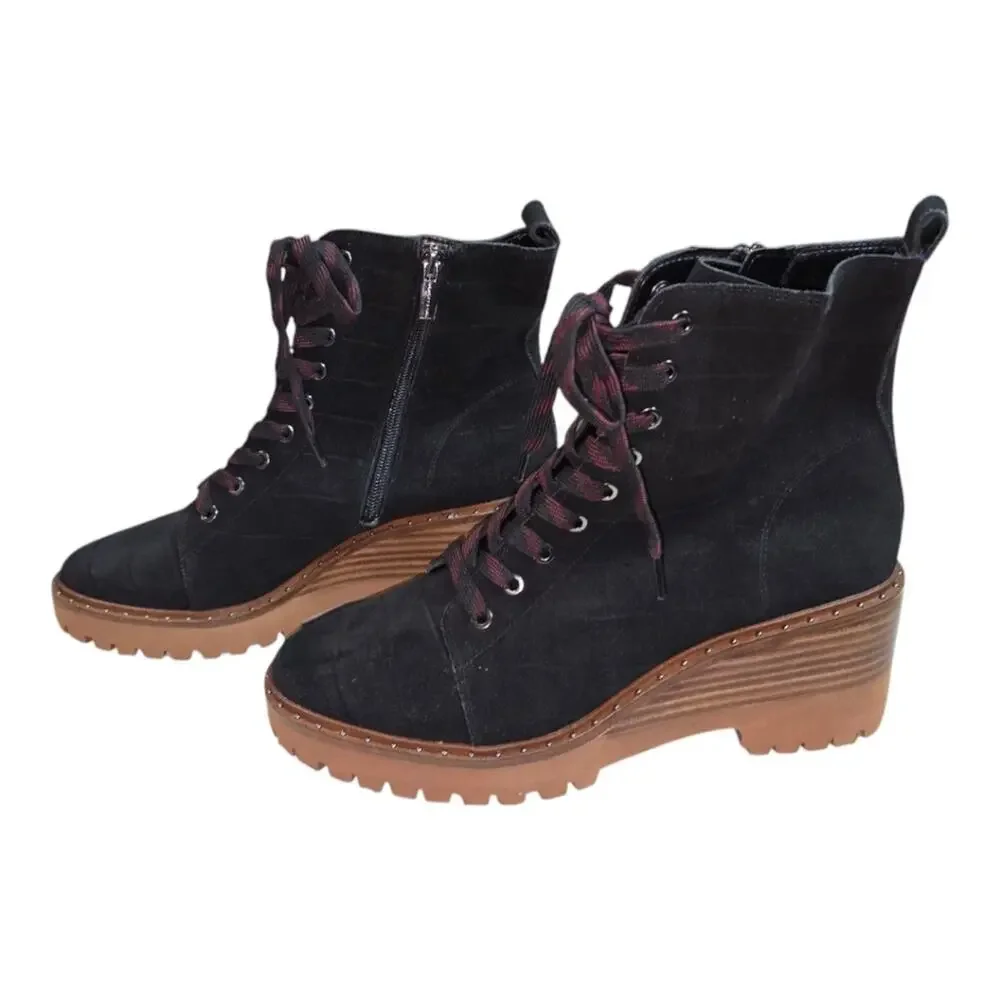 Vince Camuto Debsen Black Suede Croc Lug Sole Platform Combat Boot Lace Up 8.5